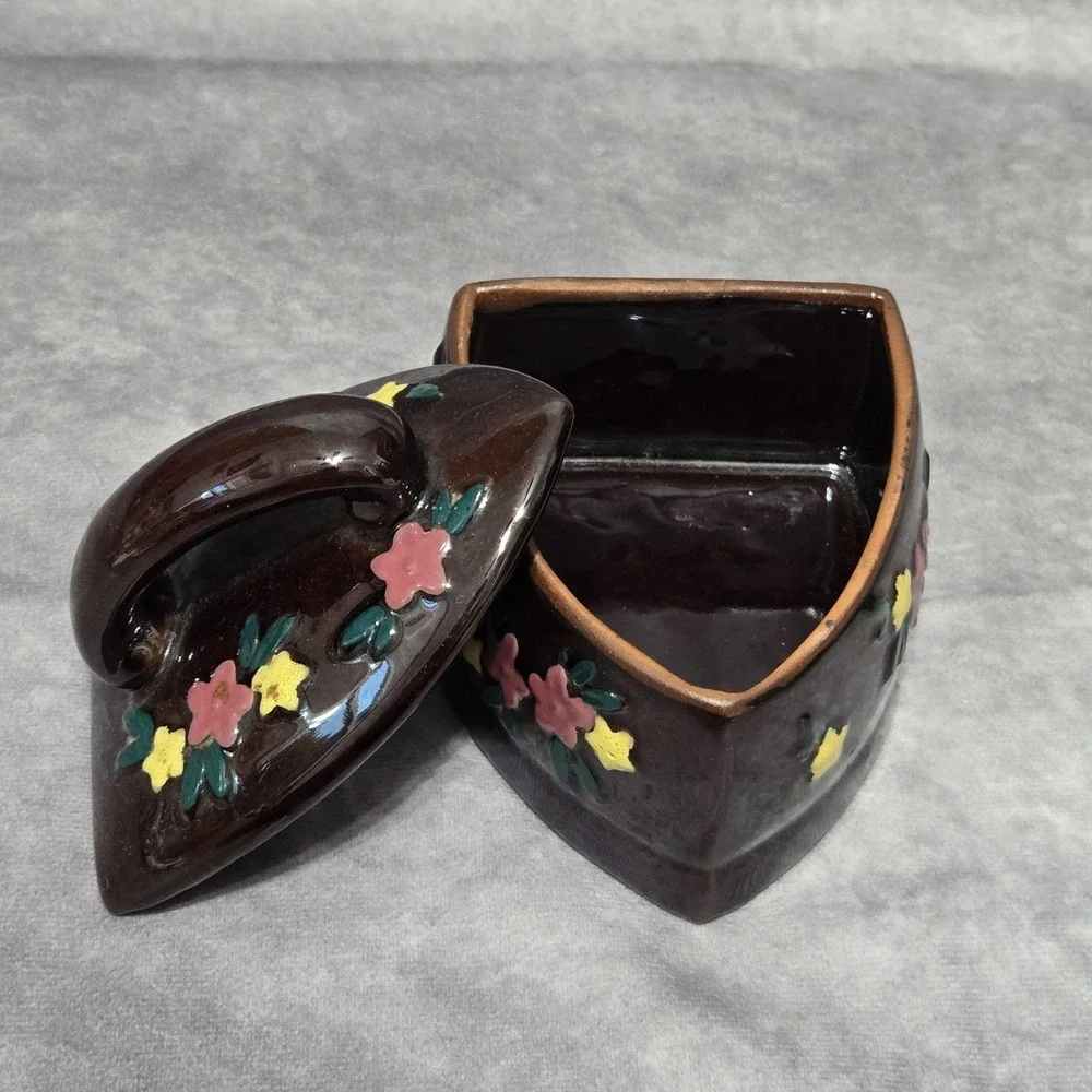 Vintage Hand Painted Floral Ceramic Iron Shaped Covered Dish 4.5